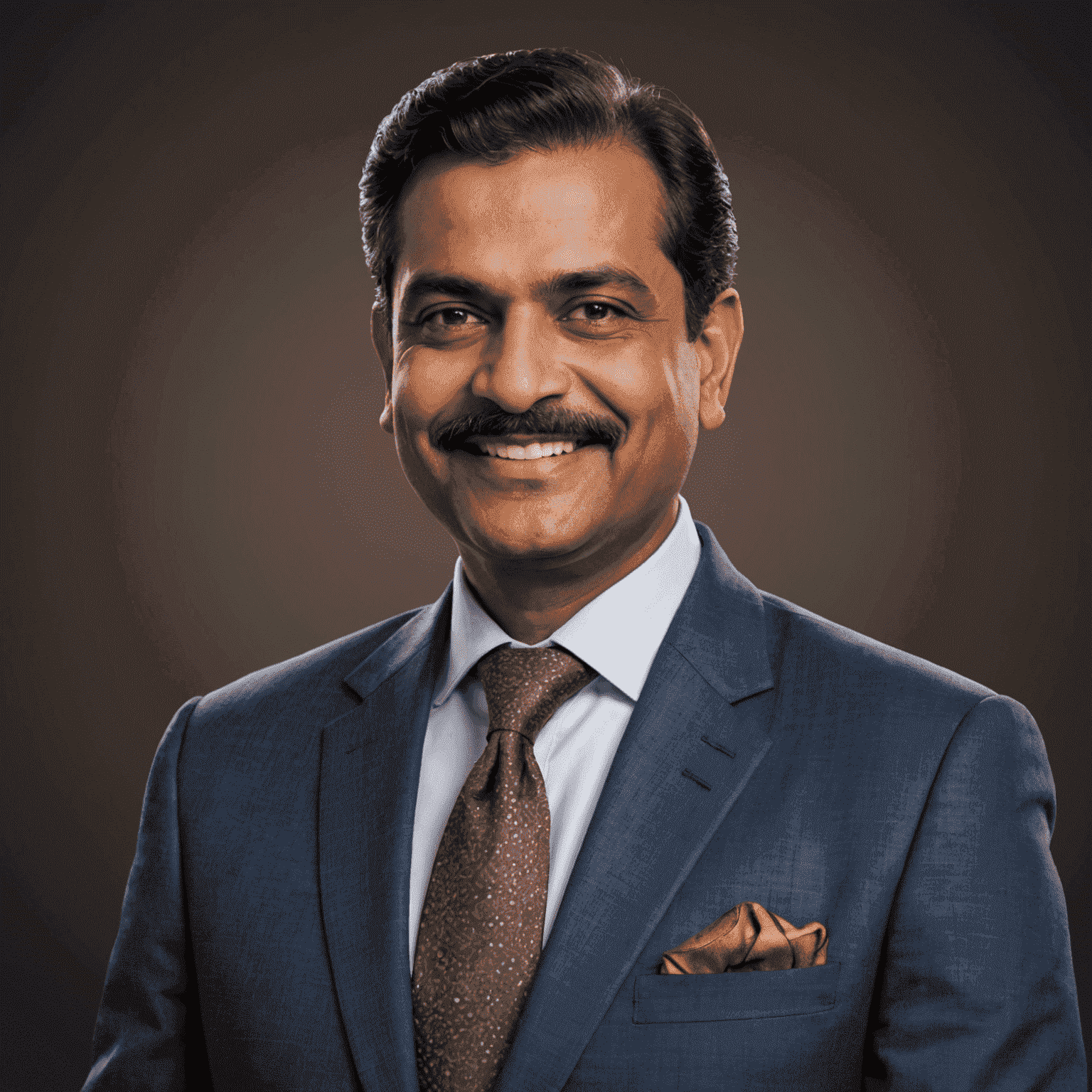 Portrait of Rajesh Patel, founder of indiahotelscasino.com, a middle-aged Indian man with a warm smile wearing a tailored suit