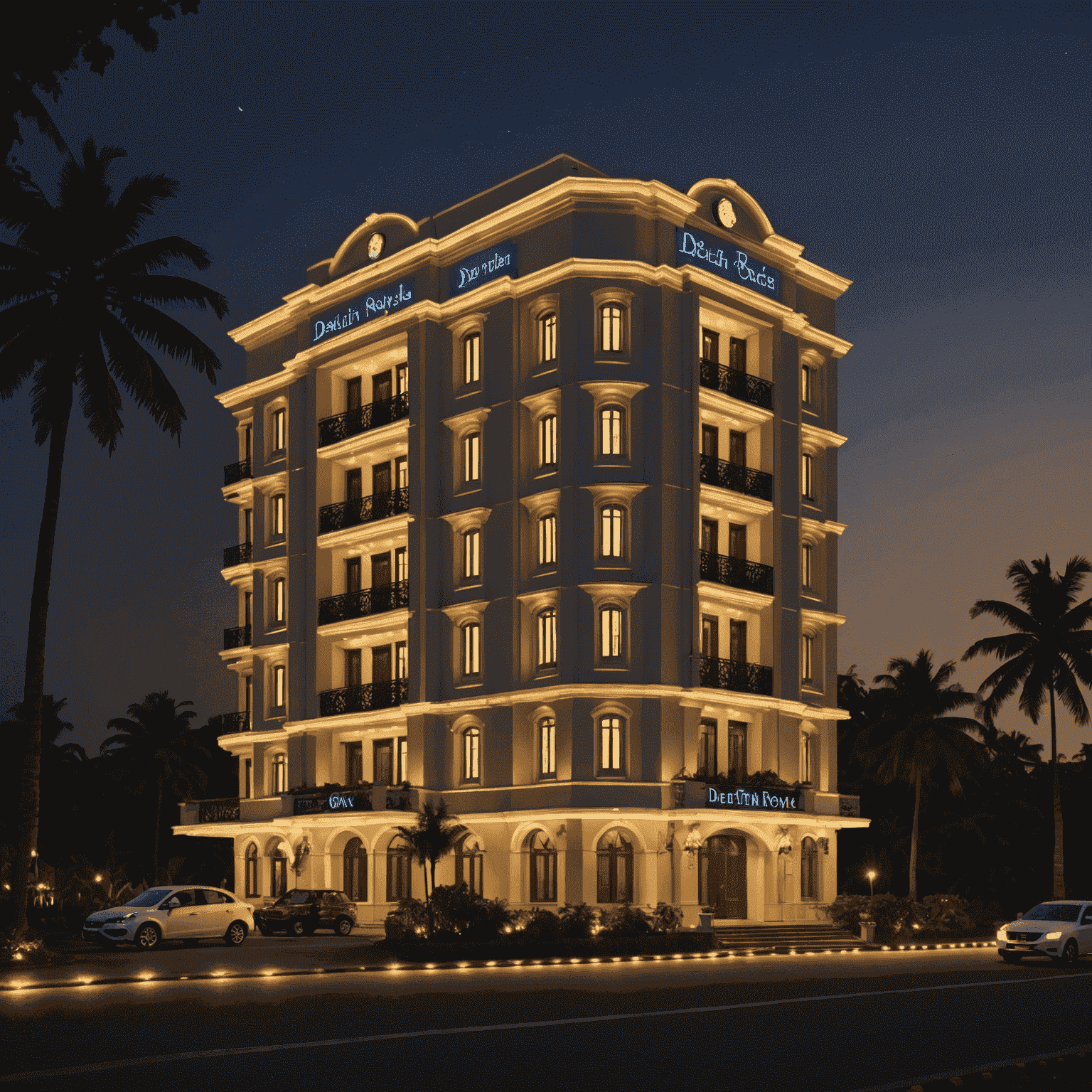 Deltin Royale exterior at night, showcasing its grand architecture and illuminated signage against the Goan skyline