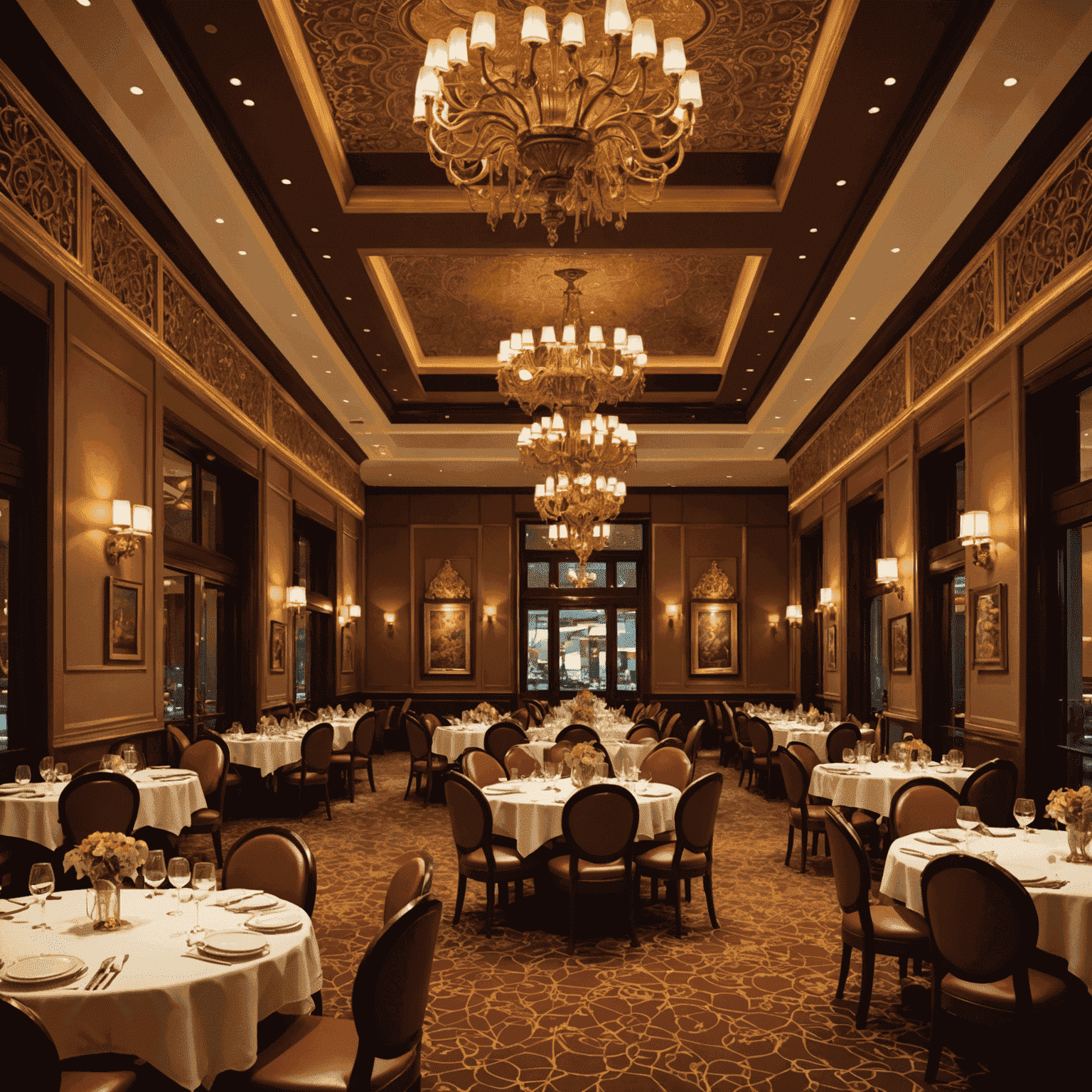 Elegant Indian restaurant interior within a luxurious casino resort, featuring ornate decor, soft lighting, and tables set with fine dinnerware