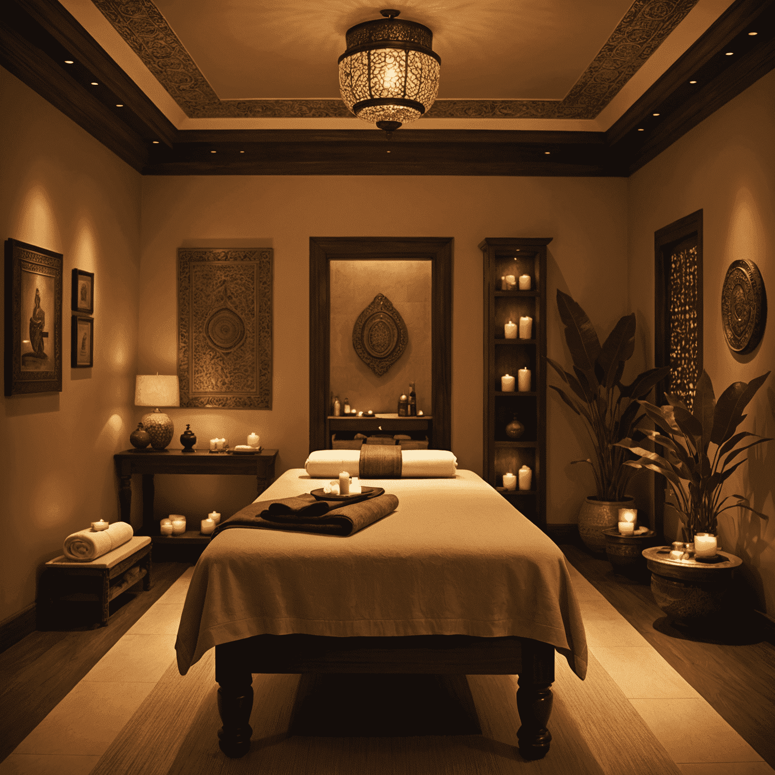 A luxurious spa room with traditional Indian decor, featuring a massage table, aromatic oils, and soft lighting