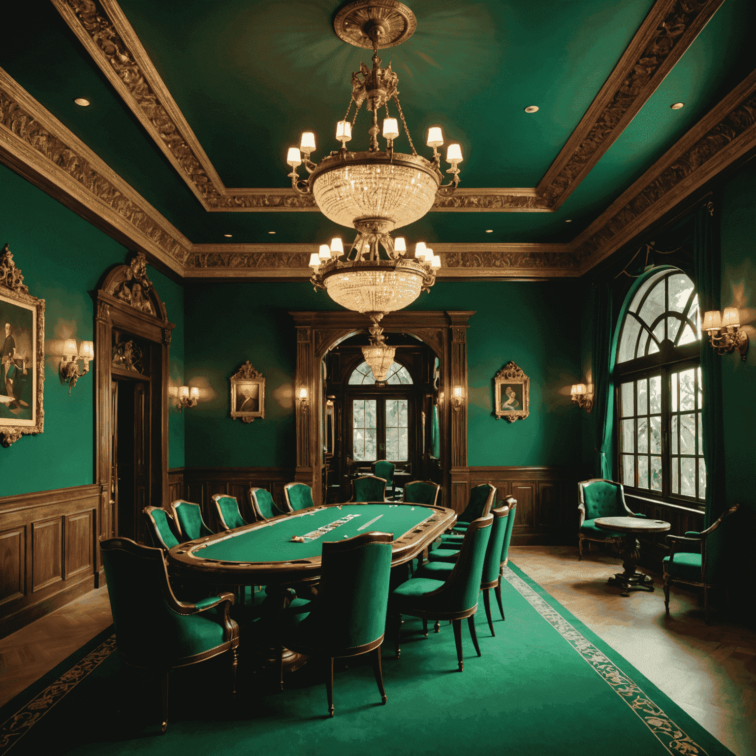 Luxurious poker room with ornate chandeliers, green felt tables, and players in formal attire at a high-stakes tournament in Goa