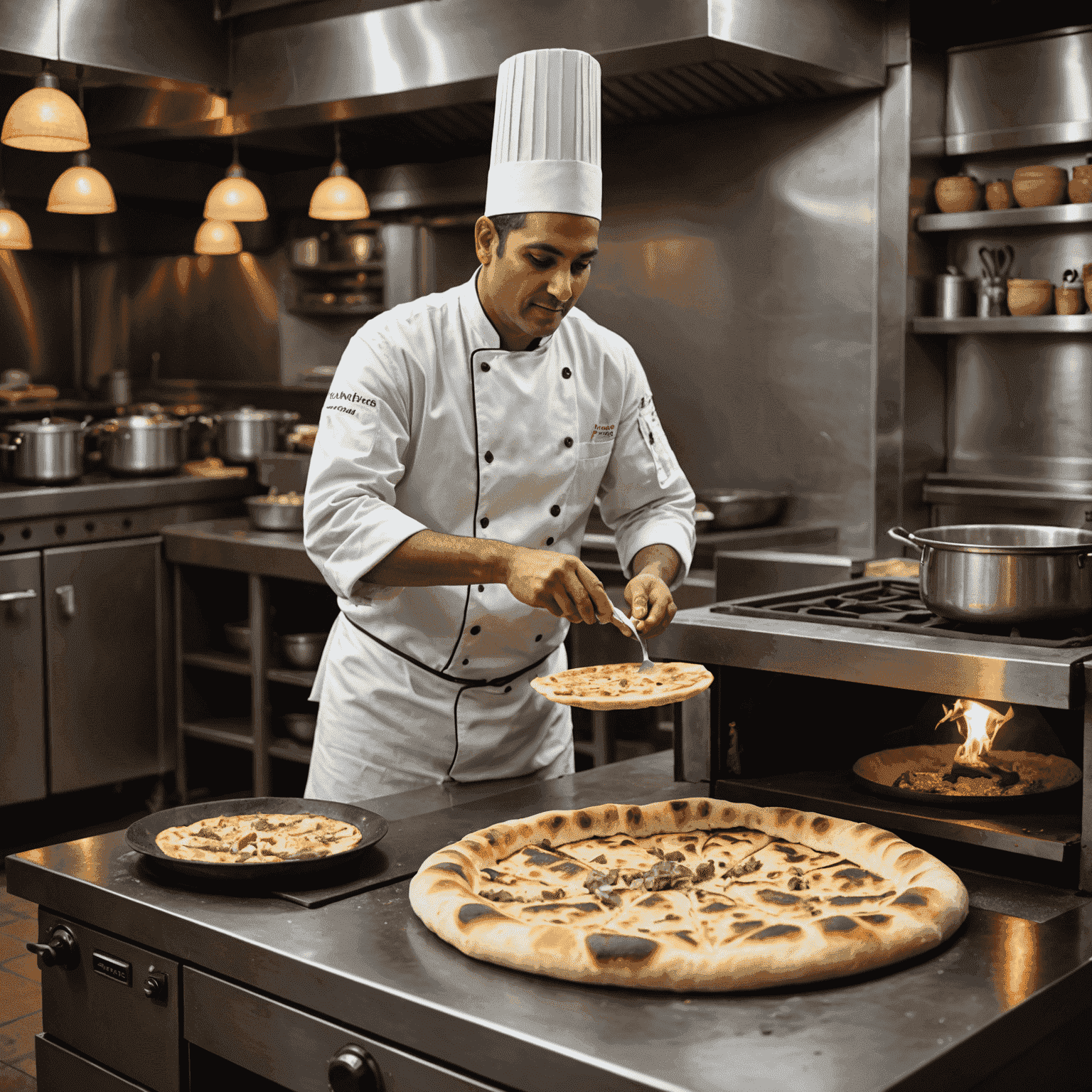 Chef preparing naan bread in a tandoor oven within an open kitchen, surrounded by modern restaurant decor