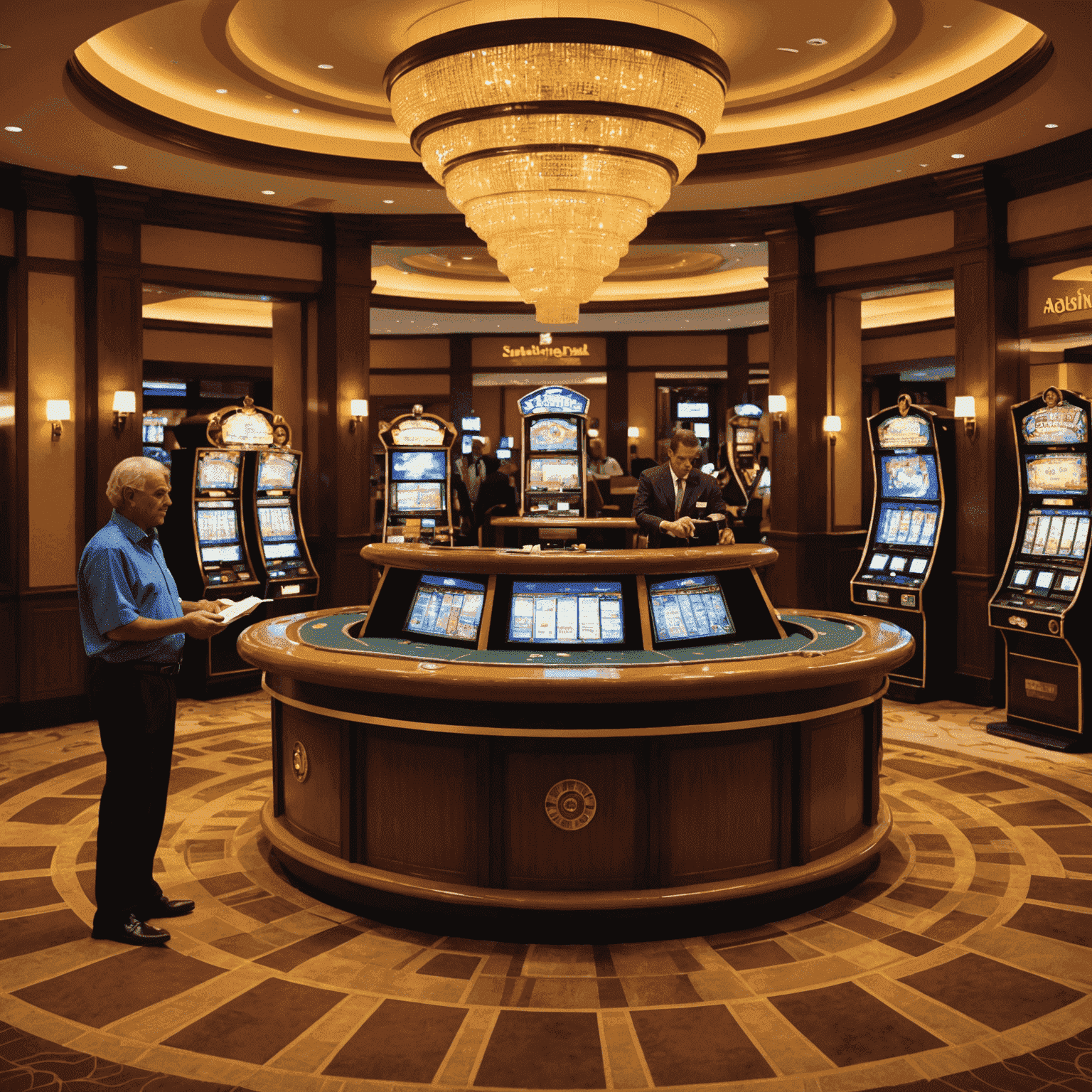 A responsible gambling information desk in an Indian casino hotel lobby with helpful staff and informational brochures