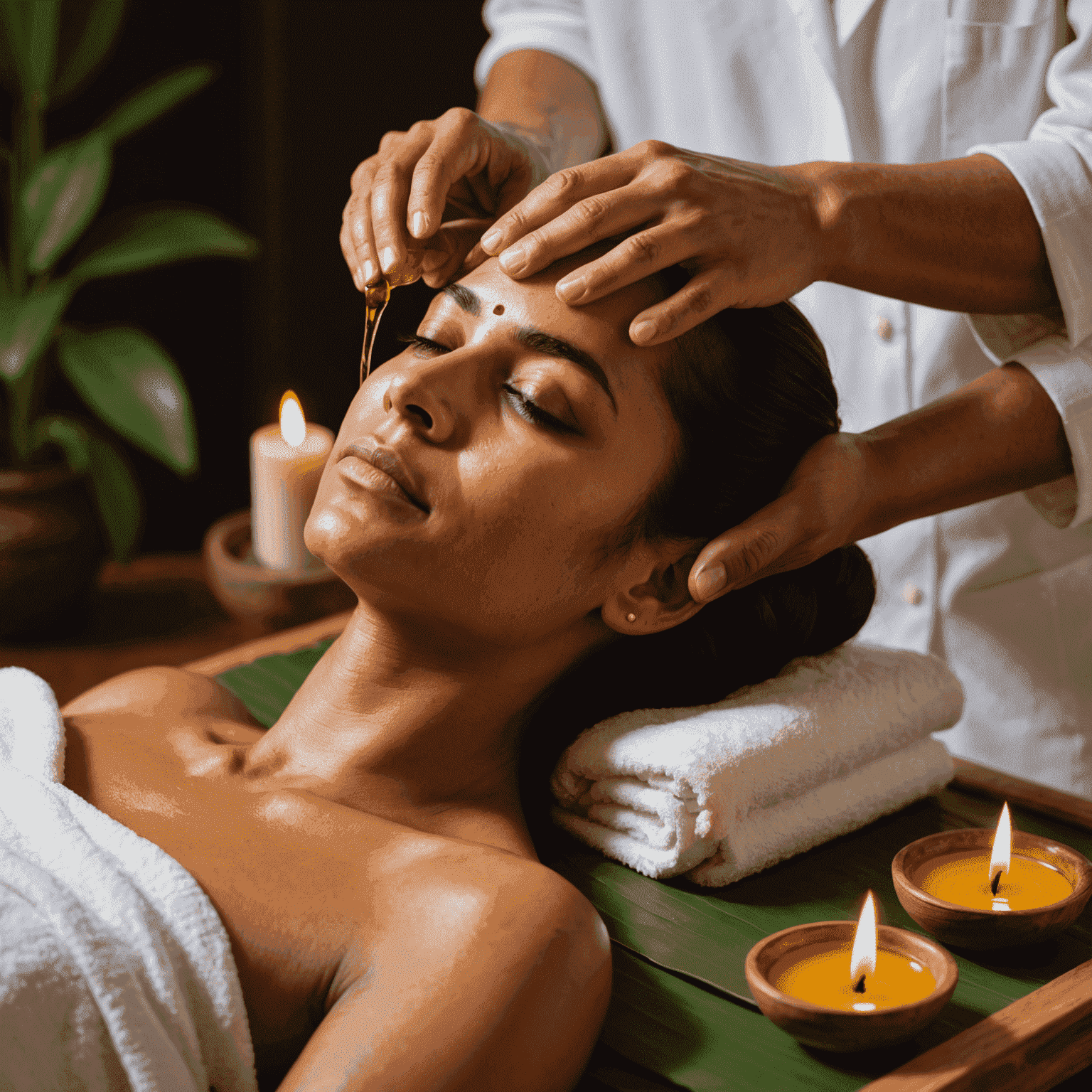 A therapist performing an Ayurvedic treatment, pouring warm oil over a guest's forehead in a serene spa setting