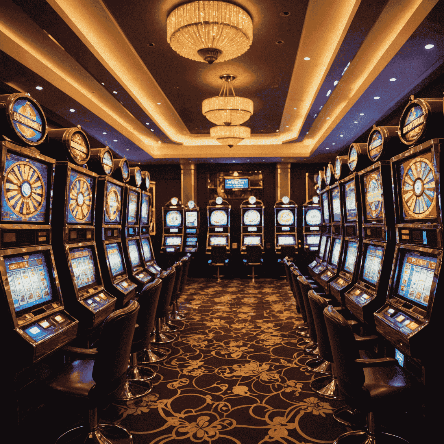 Rows of modern slot machines with flashing lights and excited players in a luxurious Mumbai casino