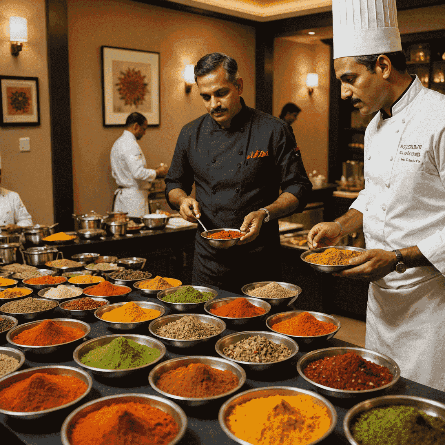 Colorful display of Indian spices in small bowls, with a chef explaining their uses to attentive hotel guests