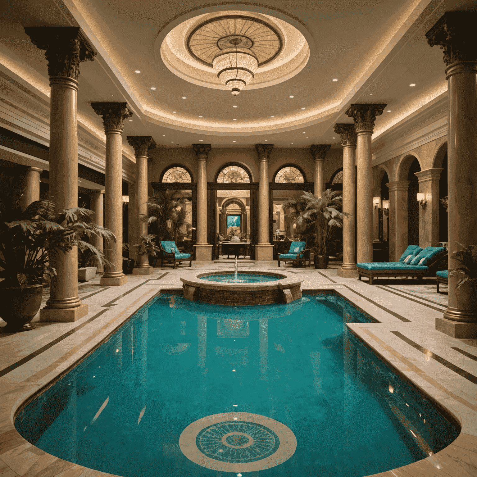 A luxurious hydrotherapy pool area in an Indian casino resort spa, featuring ornate pillars, lush plants, and comfortable loungers