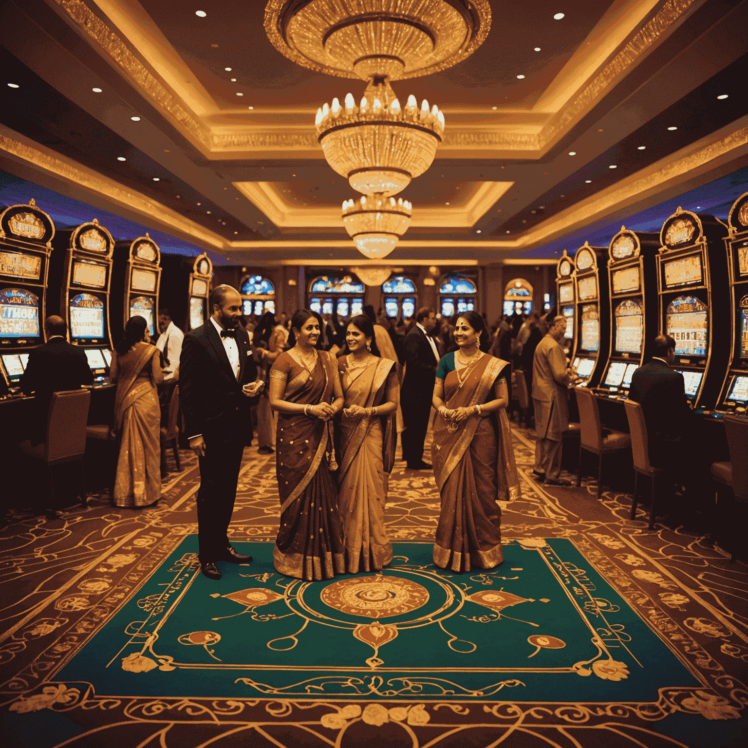 Festively decorated casino floor with Diwali lights, traditional decor, and guests in elegant Indian attire enjoying various games