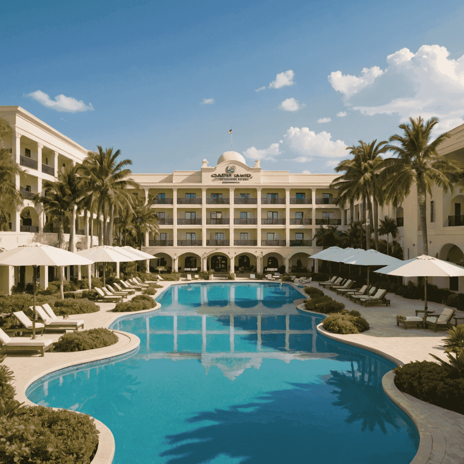 The Zuri White Sands' sprawling property featuring a large swimming pool, manicured gardens, and the casino building in the background