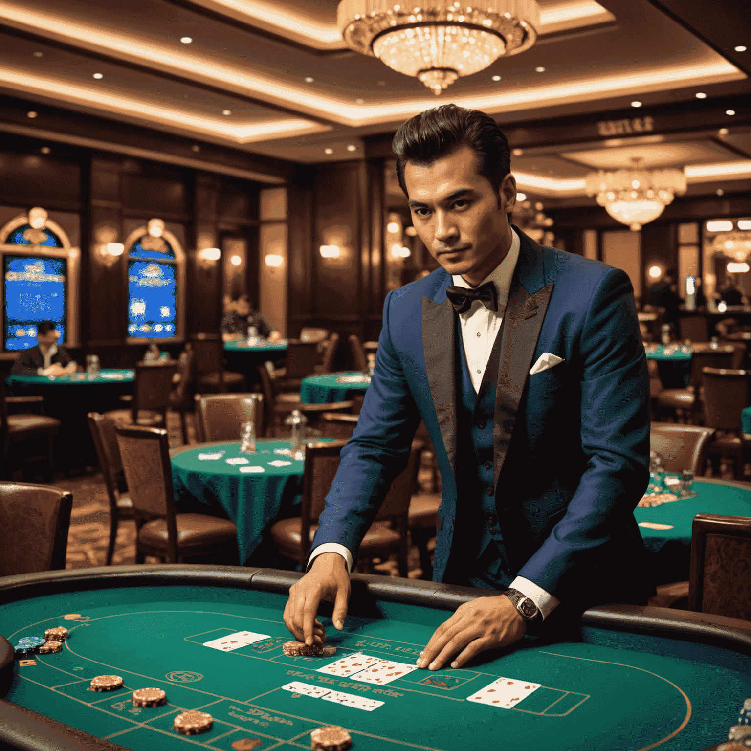 Elegant blackjack tables with focused players and dealers in a plush casino setting with mountain views of Sikkim