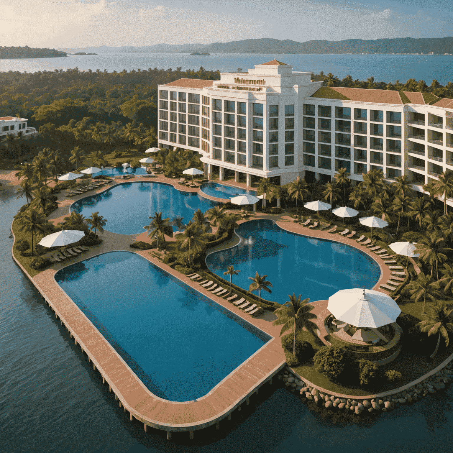 Goa Marriott Resort & Spa's waterfront location with its modern facade, infinity pool, and casino entrance visible